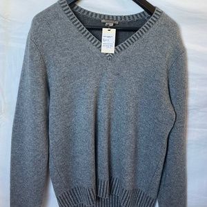 AMICALE Cashmere Blend Plated Jersey V-Neck Pullover- GRAY